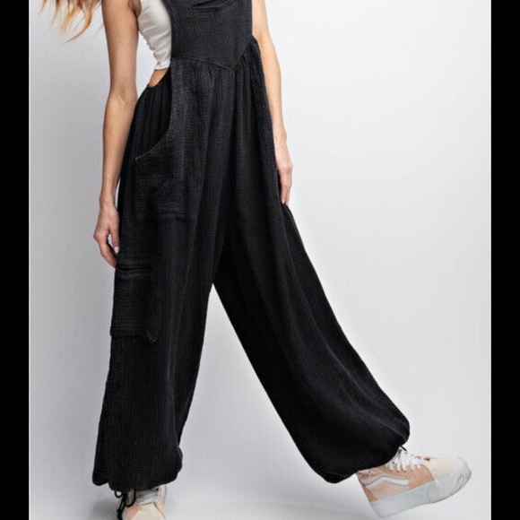 🏷️EASEL Washed Cotton Jumper Overalls Soft Black 1X - Picture 7 of 8